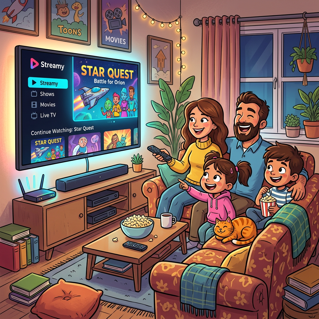 Family watching Star Quest on a television during a cozy movie night