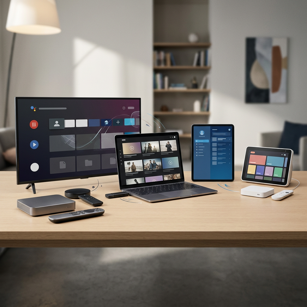 Multiple smart screens and devices arranged on a wooden table