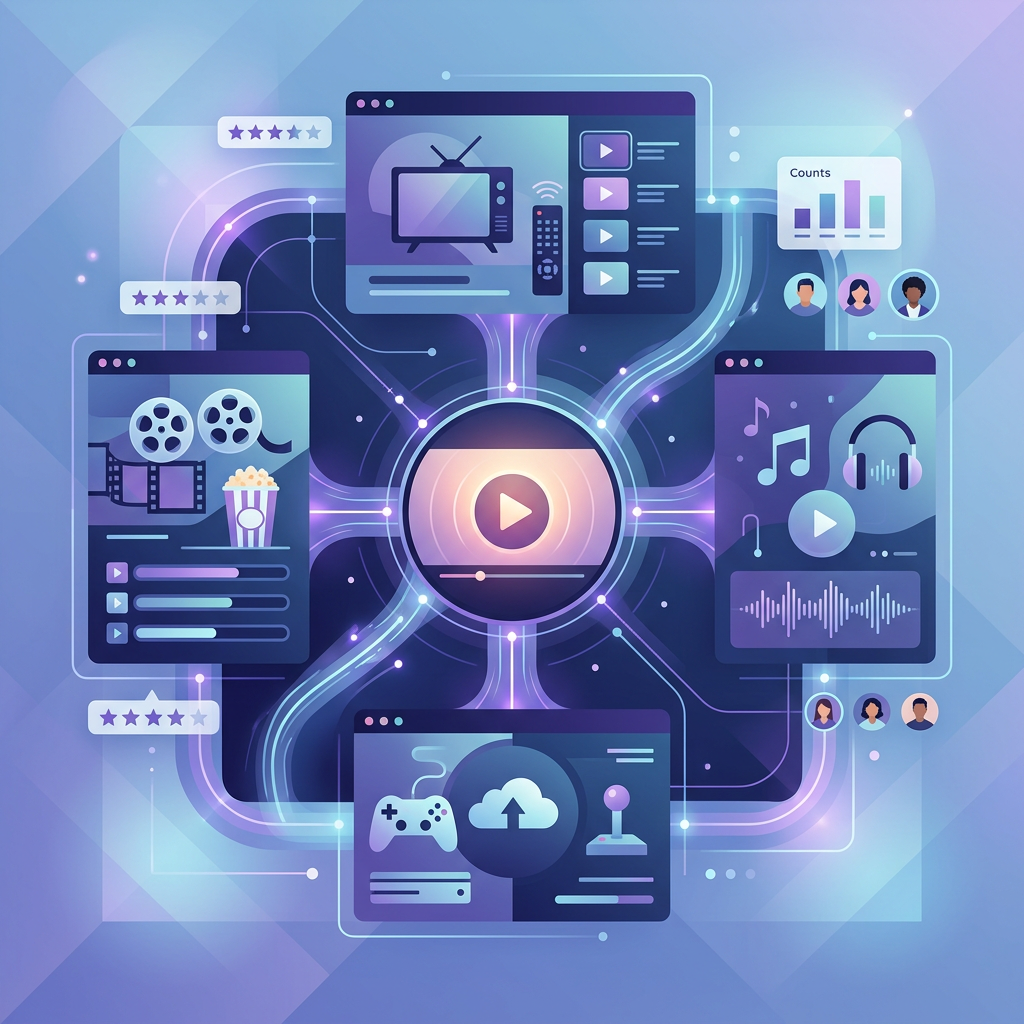 Connected media platform with video, music, gaming, cloud, ratings, and analytics panels