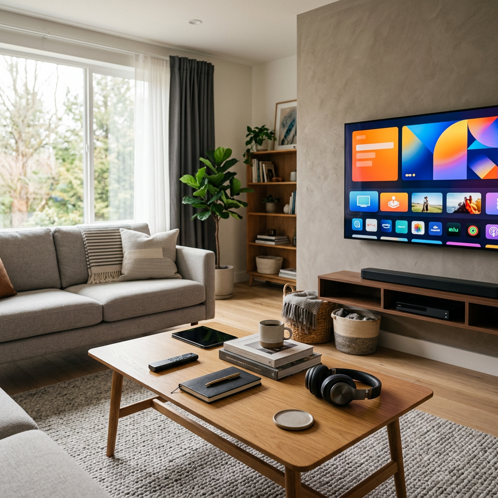 Modern living room with sofa, coffee table, plants, and smart TV