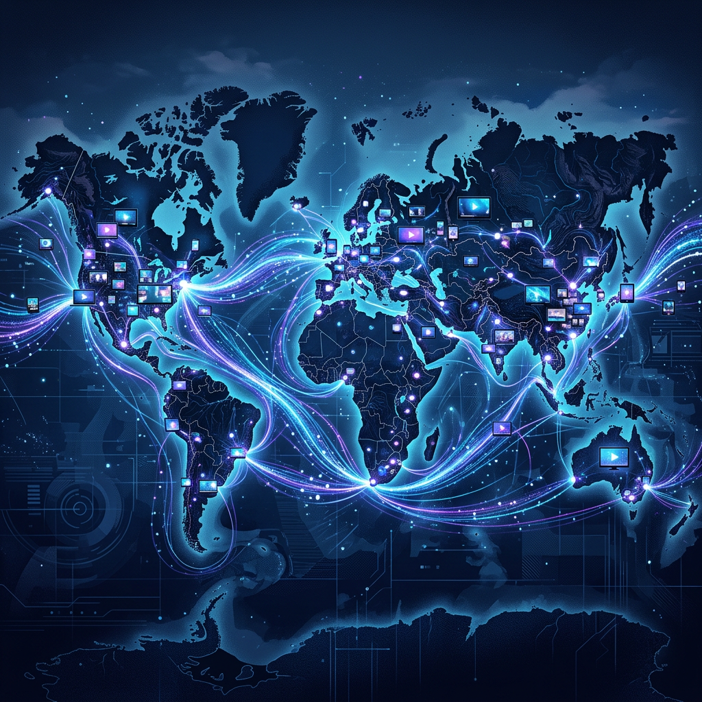 Glowing world map with digital connection lines linking continents