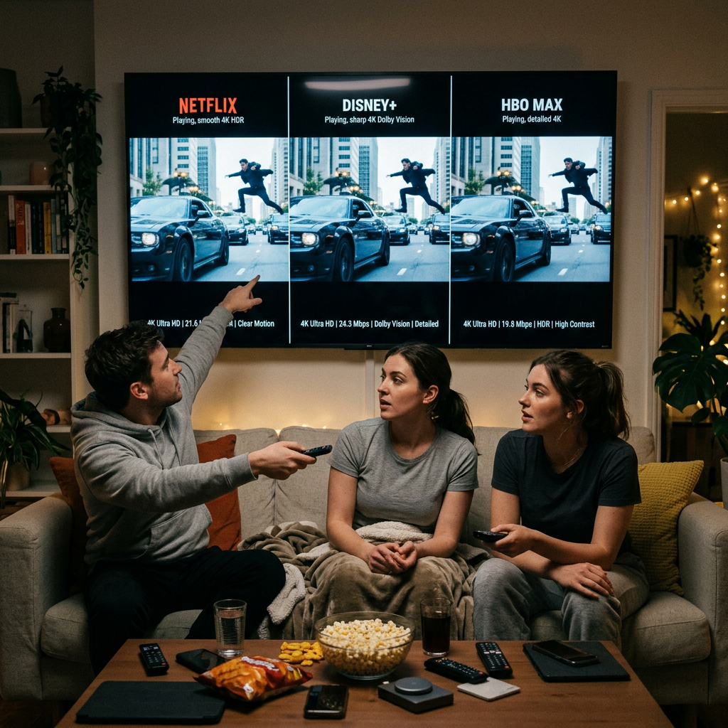 Three friends compare Netflix, Disney+, and HBO Max on a TV showing the same car-chase scene; labels read “Playing, smooth 4K HDR,” “Playing, sharp 4K Dolby Vision,” and “Playing, detailed 4K.”