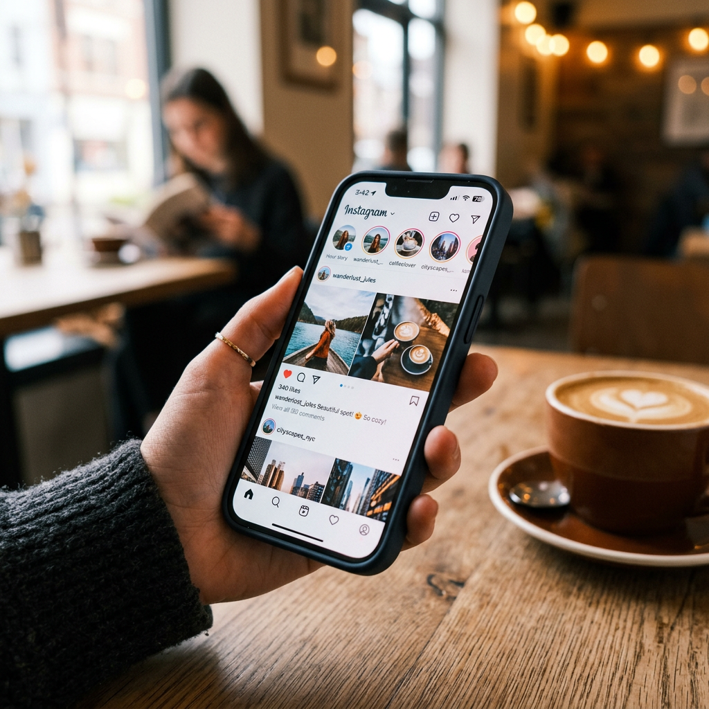 Hand holding smartphone showing Instagram feed beside a latte
