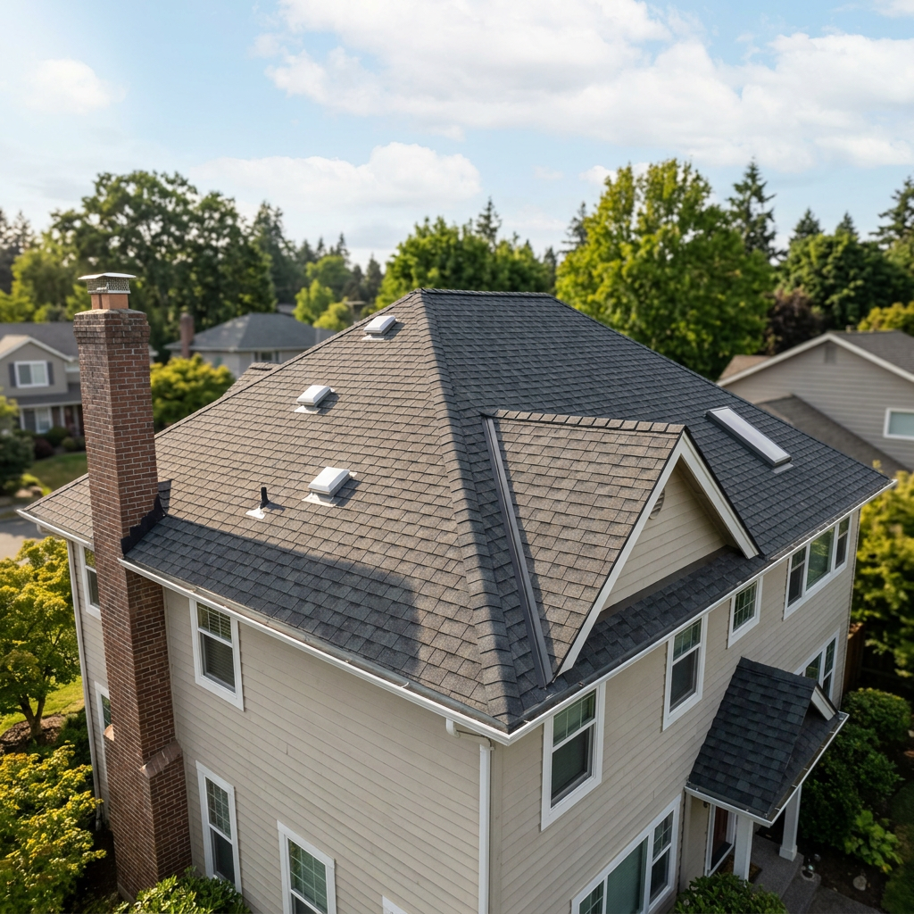 Large suburban home with gray shingle roof, chimney, and skylights